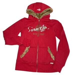 Farm Girl Brand Full Zip Hoodie Women Medium Red Faux Fur Trim y2k cowgirl rodeo